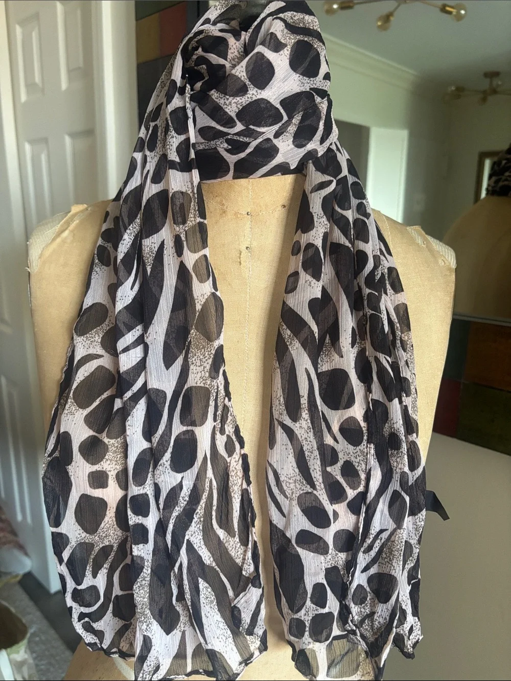 Lightweight Black and White Animal Print Scarf